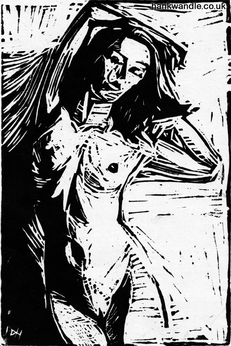 a black and white ink print of a naked woman standing, with both hands up to her hair, her hip cocked