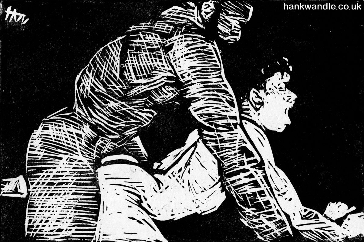 a black and white ink print of a white guy getting railed by a muscular black guy in doggy
