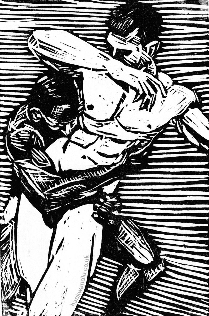 a black and white illustration of two muscular nake men in an embrace