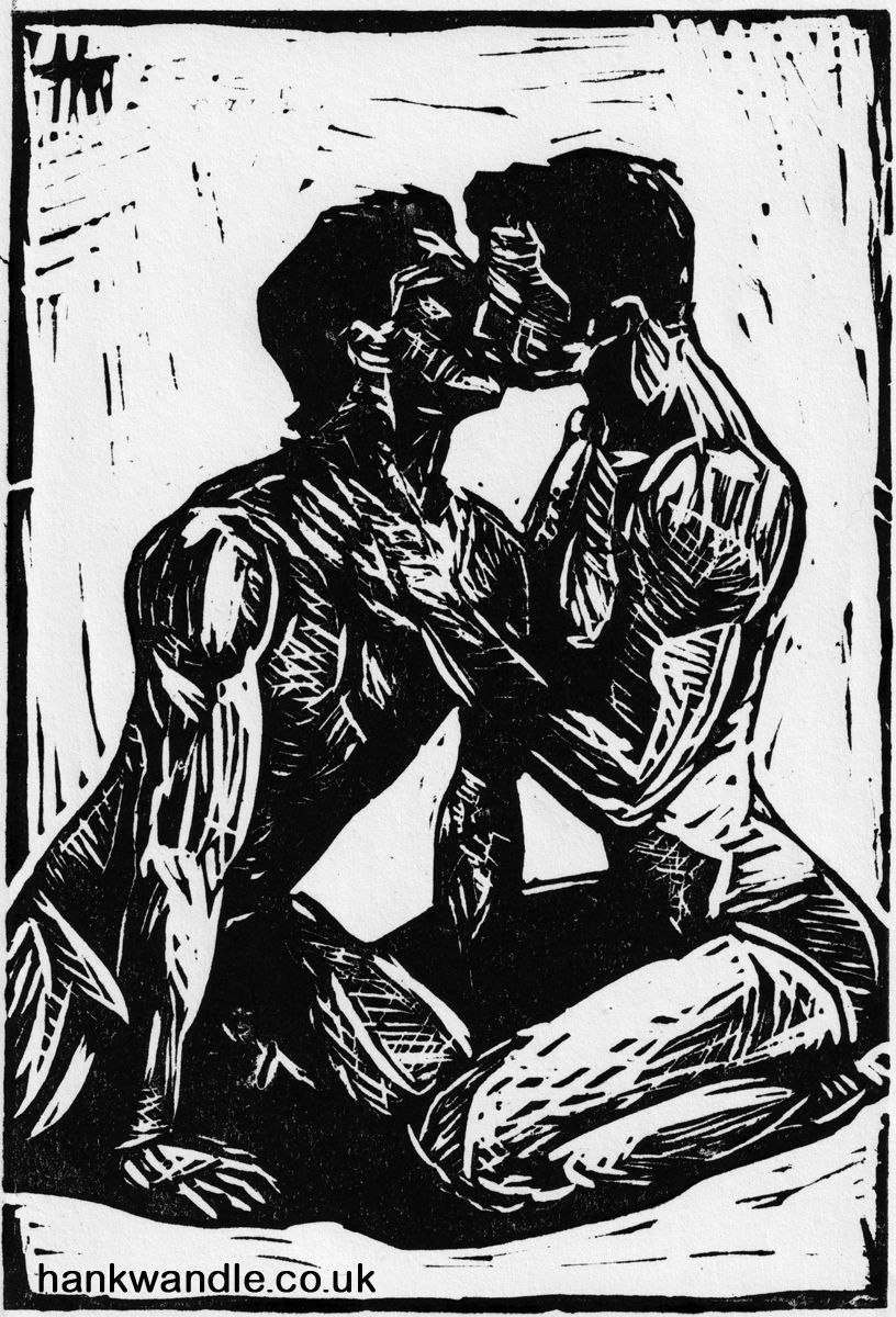 a black and white linocut print of two seated men in only underwear, kissing. One has his hand on the other's throat