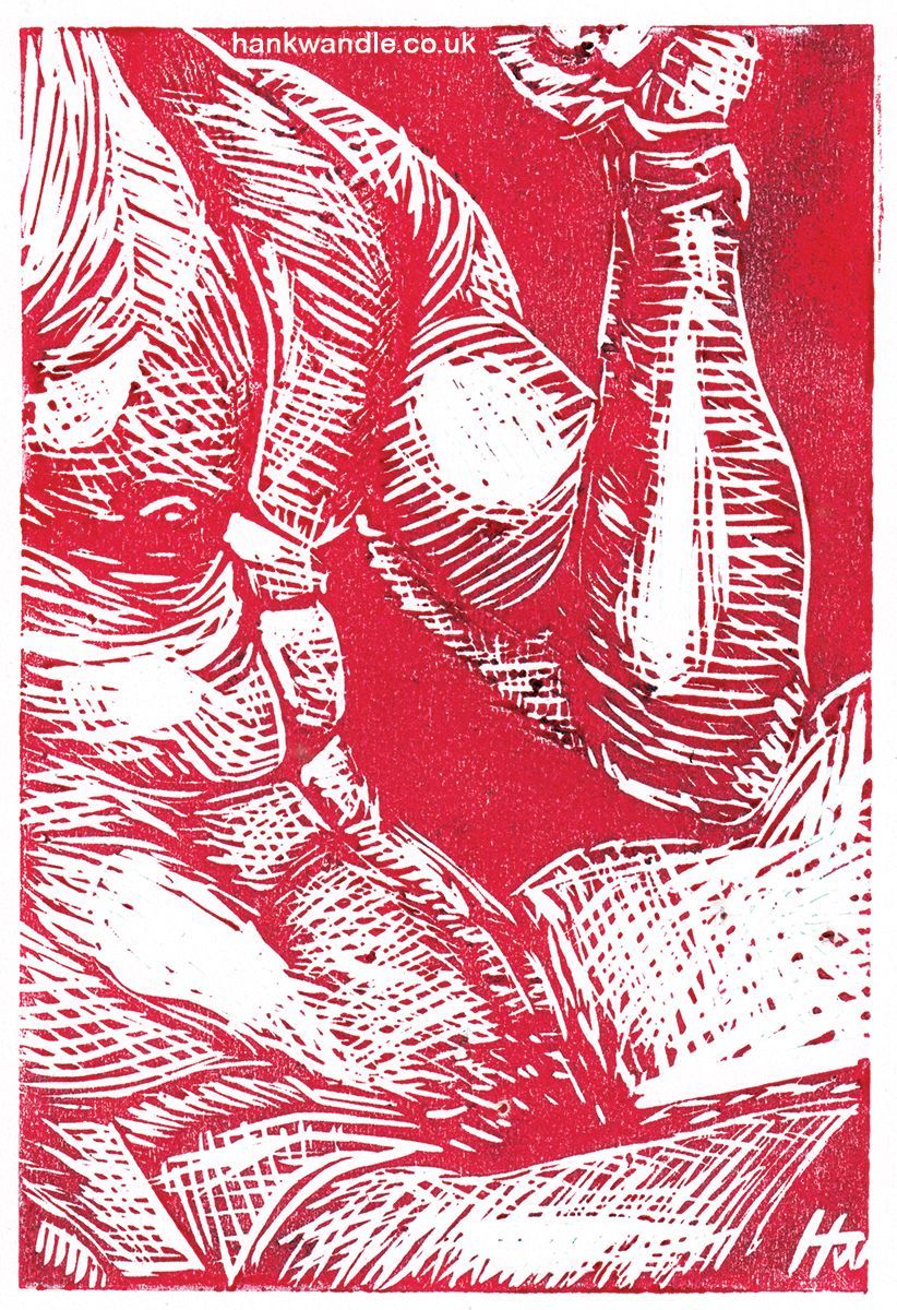 a linocut print in red ink of a seated male nude, seen from the side, closely cropped into the chest and tummy, one leg hides the genitals