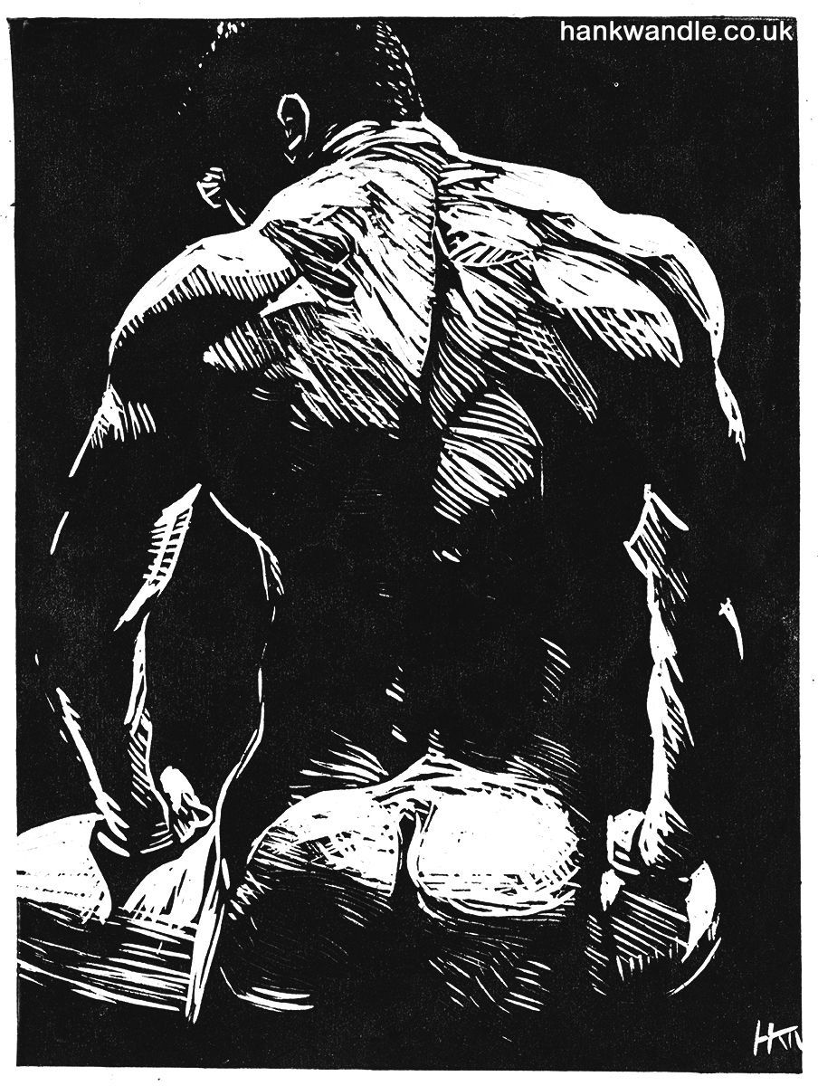 a black ink print on white paper of a naked man, seen from behind. The light highlights his defined muscles and fantastic ass