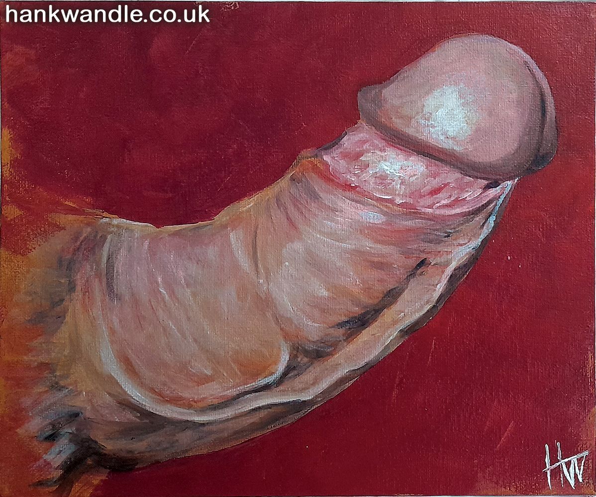 a painting of a thick erect penis on a dark red background