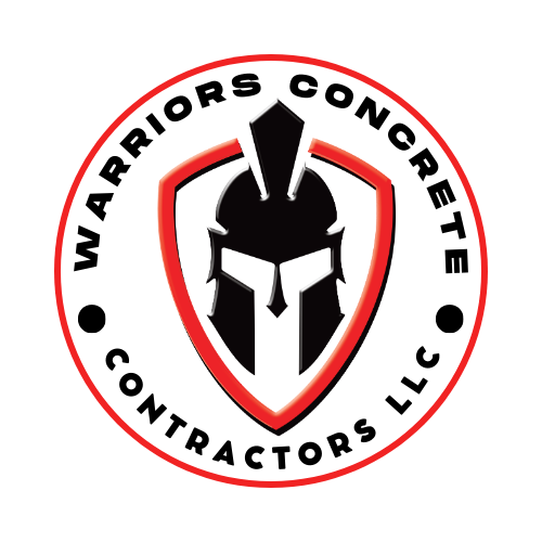 The logo for warriors concrete contractors llc has a spartan helmet on it.