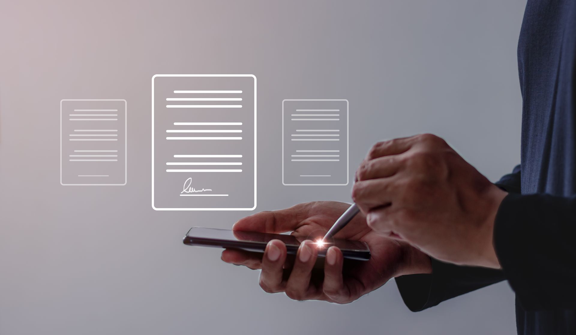 Person using a stylus on a smartphone to sign a digital document, with document outlines in the background.