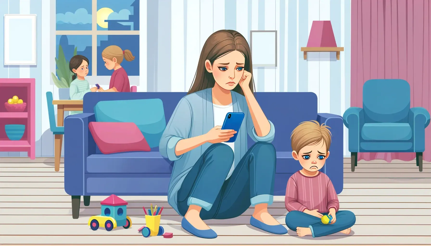 A woman is sitting on a couch looking at her phone while a child sits on the floor.