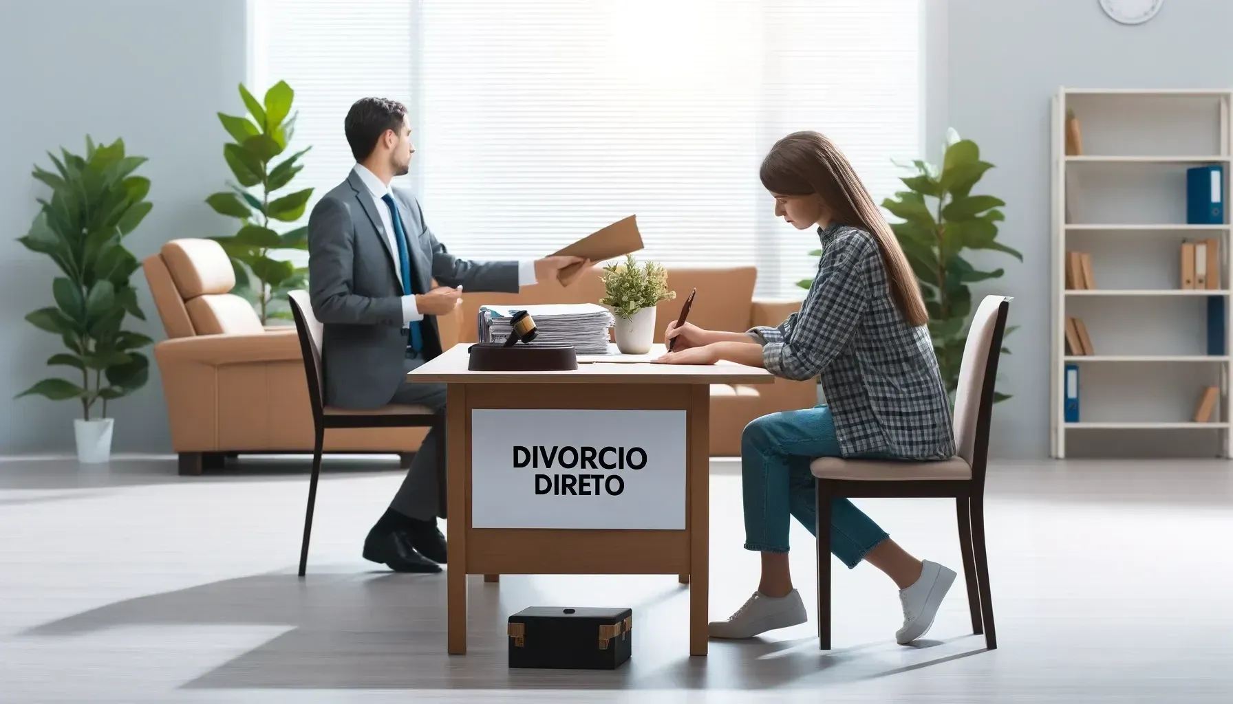 Um homem e uma mulher estão sentados à mesa assinando o divórcio