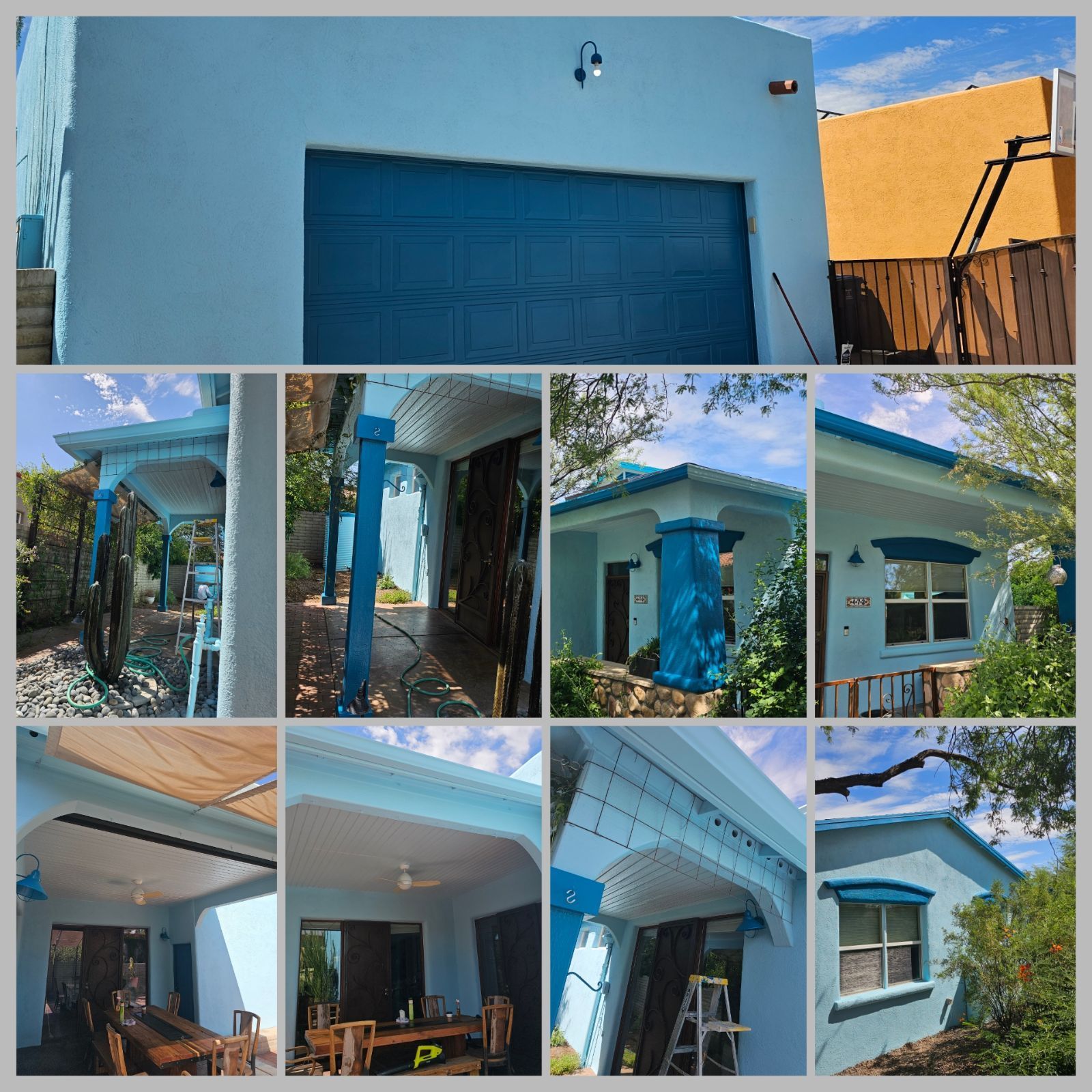 A collage of pictures of a blue house with a blue garage door