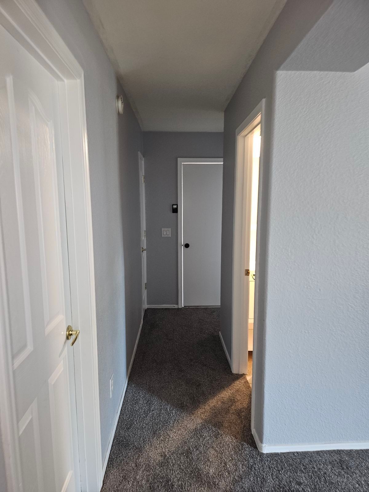 A long hallway with a carpeted floor and gray walls