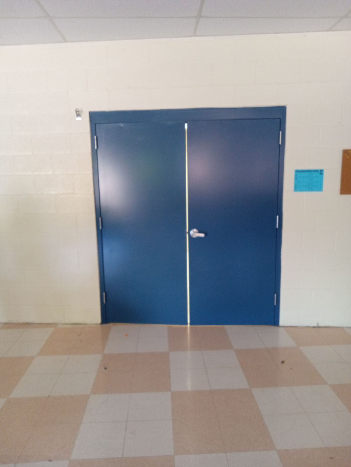 A blue door in a hallway with a checkered floor