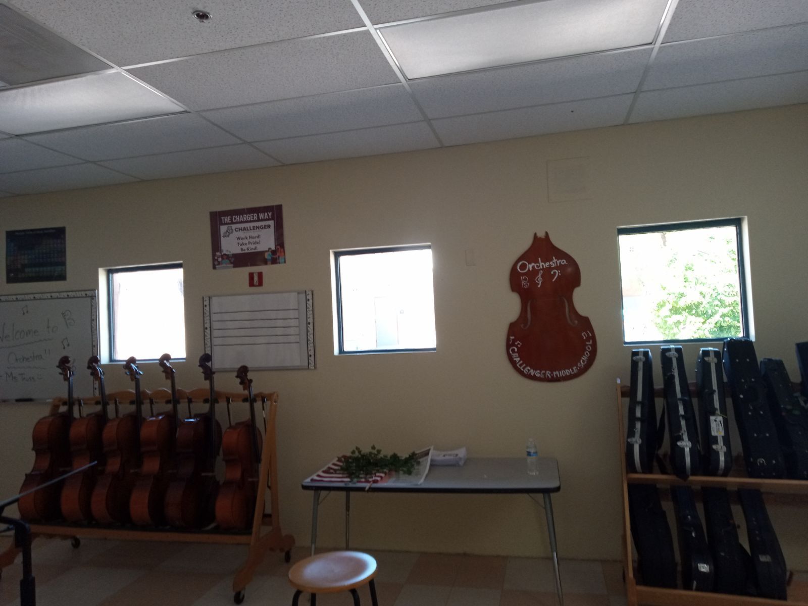 A row of violins are lined up on a rack in a room