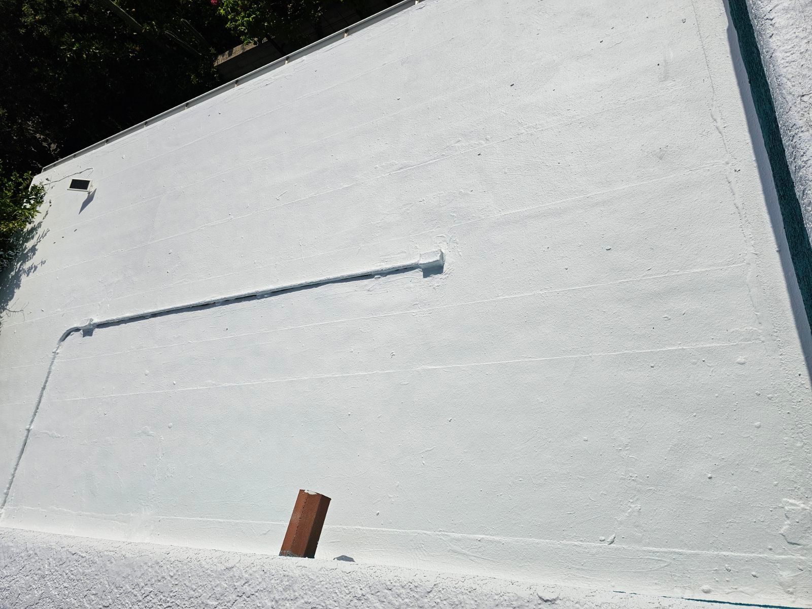 A white roof with a light on it and trees in the background.