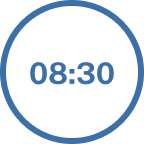 Affichage d'une horloge à contour bleu indiquant 08:30 sur fond blanc