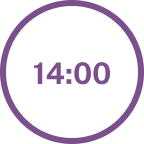 Minuteur circulaire violet affichant 14:00 au centre