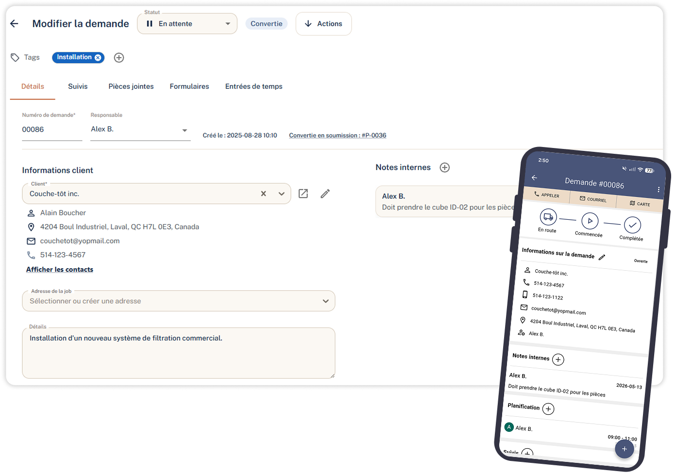 Navigateur Web affichant un formulaire d'application Web avec un aperçu de l'application pour smartphone à droite