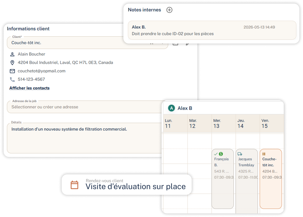 Tableau de bord affichant un panneau « Instructions », des fiches de tâches et un calendrier avec des colonnes pour Alex.