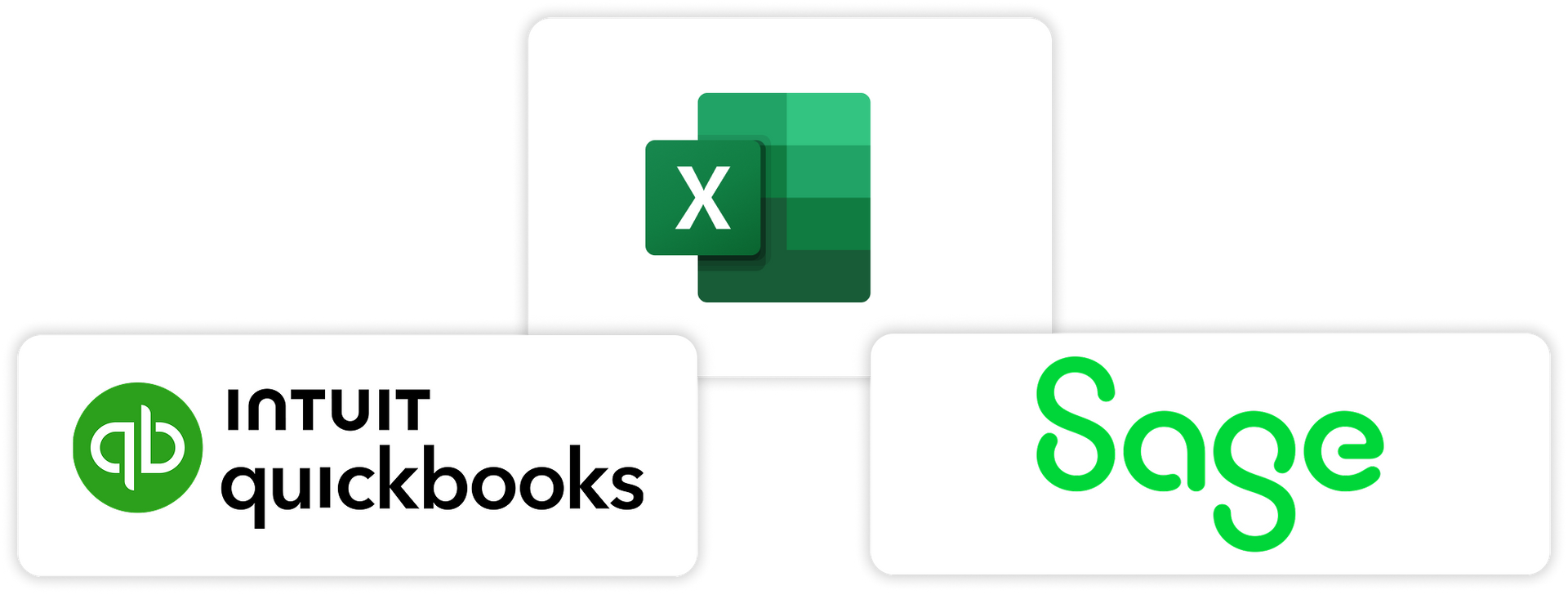 Icône Microsoft Excel centrée au-dessus des logos QuickBooks et Sage sur fond blanc