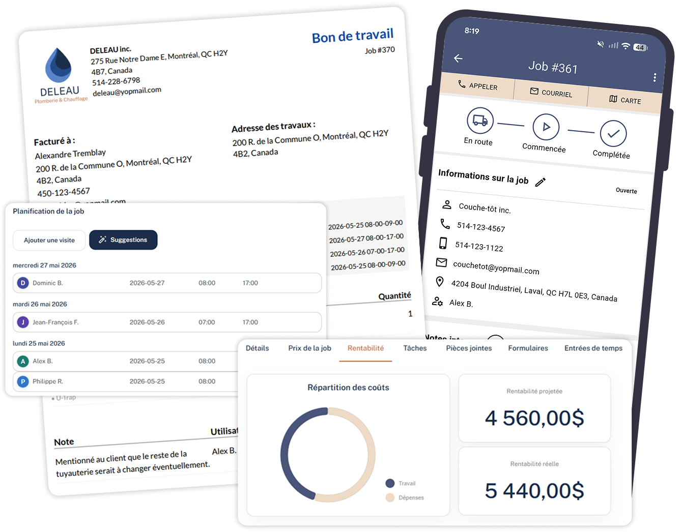 Écrans du tableau de bord web et de l'application mobile à thème bleu affichant des graphiques analytiques, des tableaux et les totaux des transactions.