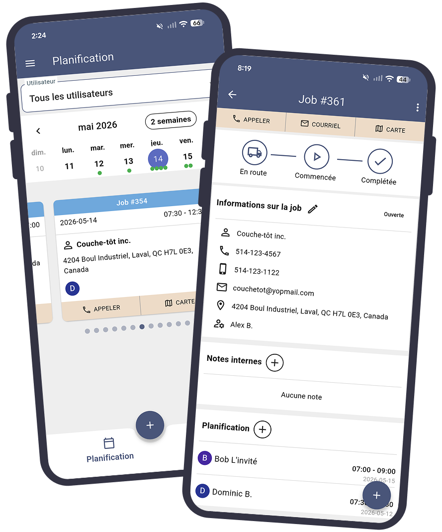 Deux écrans d'application pour smartphone superposés avec des en-têtes bleus affichant une interface de planning et de liste de contrôle