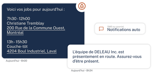Offre d'emploi en français sur fond bleu avec une fiche d'information blanche et la mention « Notifications automatiques ».