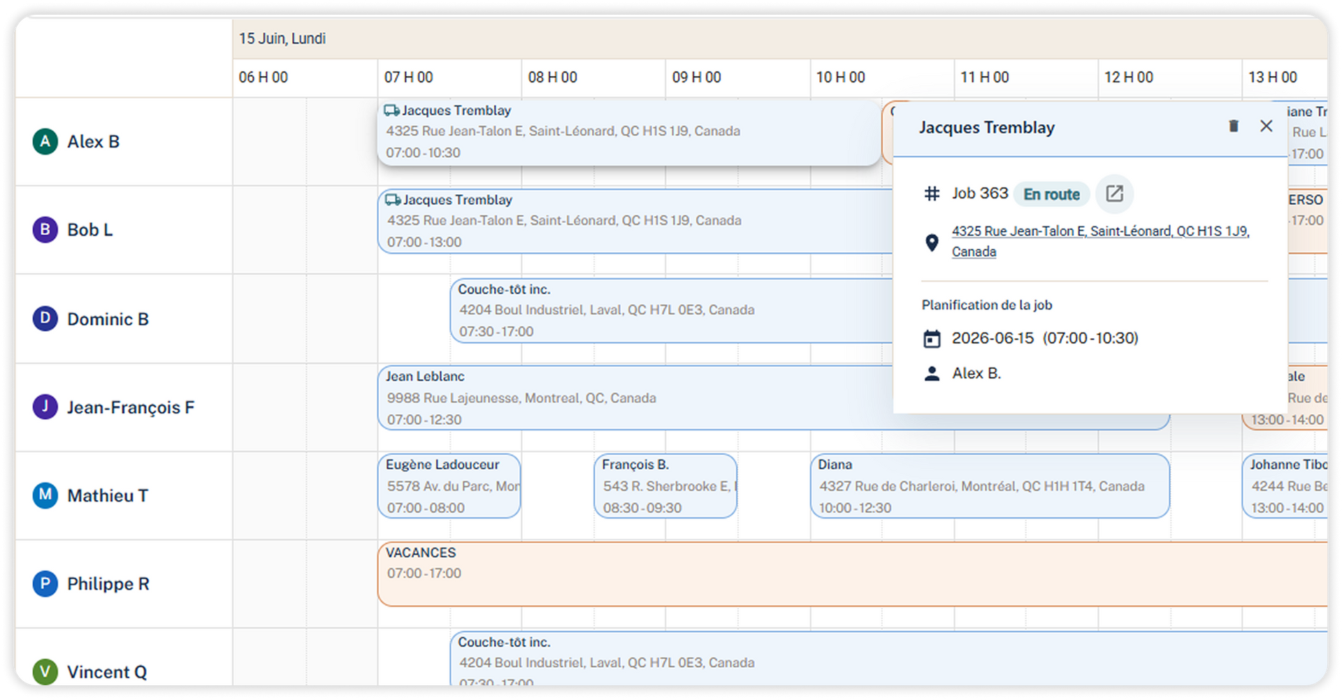 Calendrier et planificateur de tâches avec une fenêtre contextuelle pour le partage d'accès via une vue hebdomadaire.