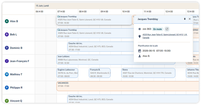 Calendrier et planificateur de tâches avec une fenêtre contextuelle pour le partage d'accès via une vue hebdomadaire.