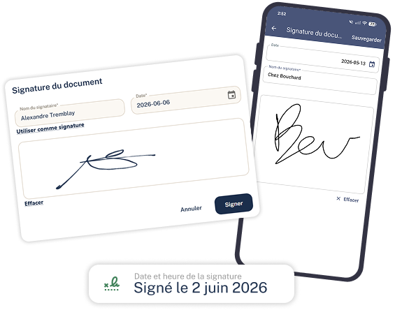 Deux écrans de téléphone affichant un champ de signature de document avec des signatures manuscrites et une étiquette de date « Signé ».