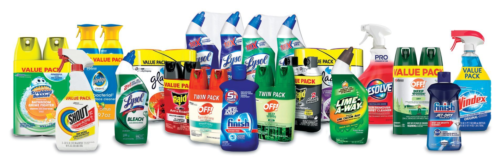 A variety of cleaning products are lined up in a row