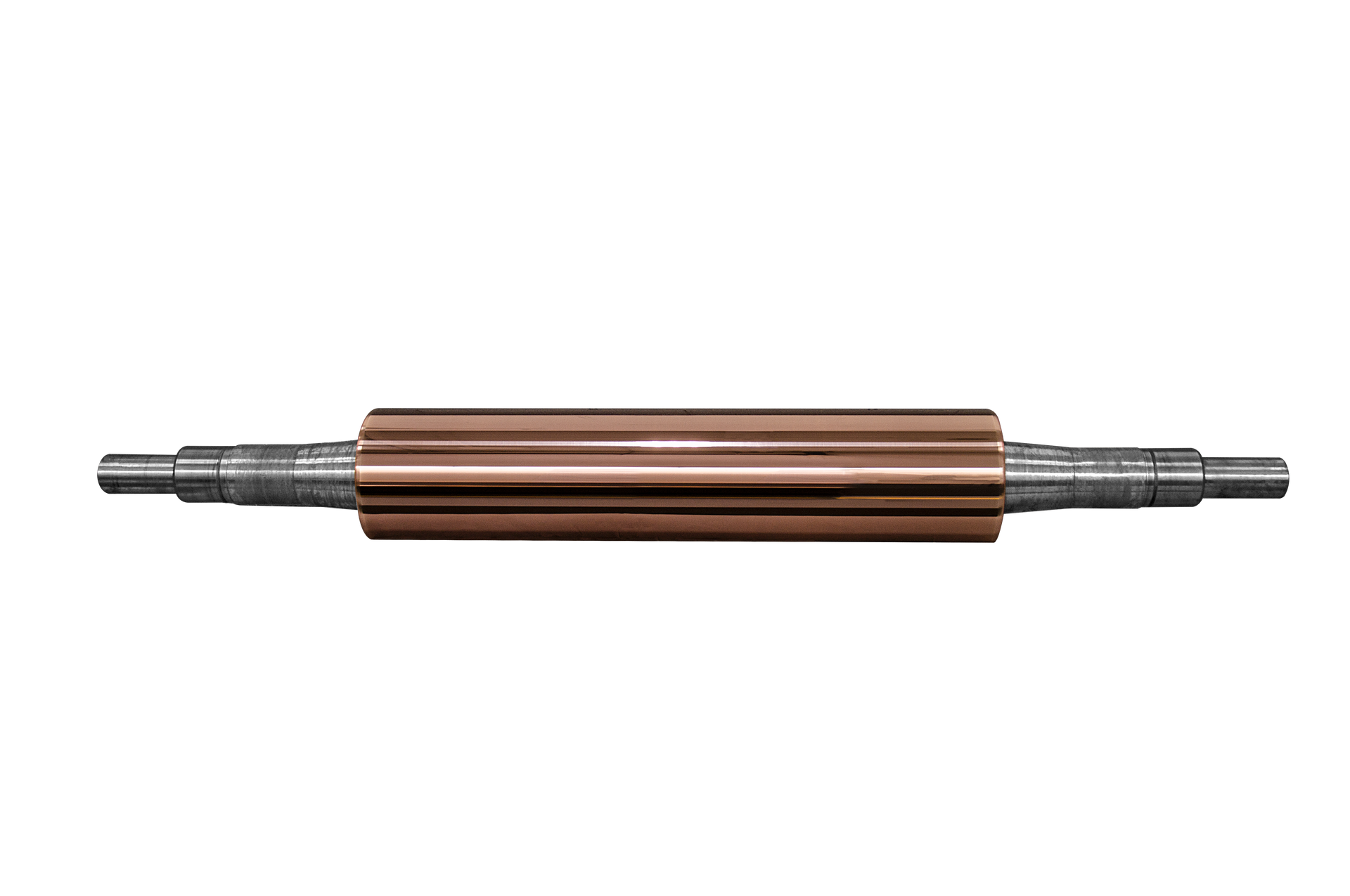 A copper roller with two metal shafts on a white background.