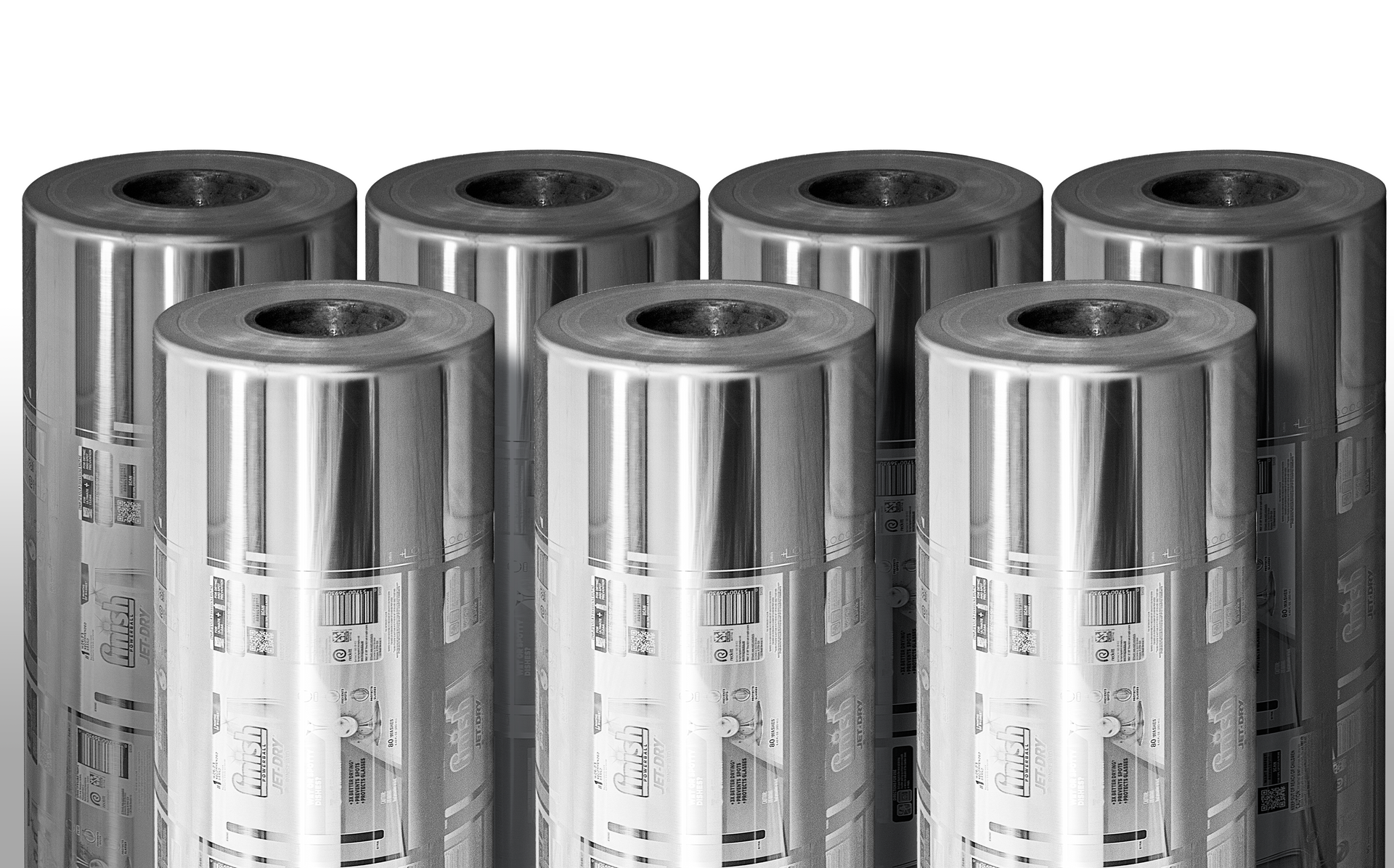 A bunch of metal rolls stacked on top of each other on a white background.