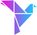 A purple and blue bird made of triangles on a white background.