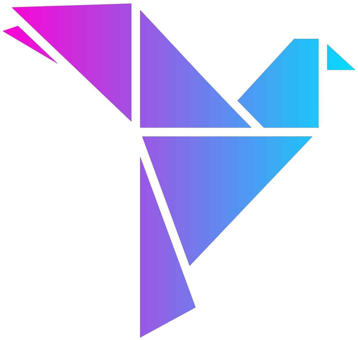 A purple and blue bird made of triangles on a white background.