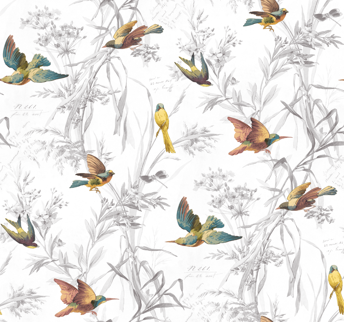 A seamless pattern with birds and flowers on a white background