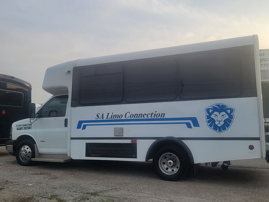 Blue Line San Antonio Party Bus Up to 16 passengers daytime outside view parked in Leon Springs
