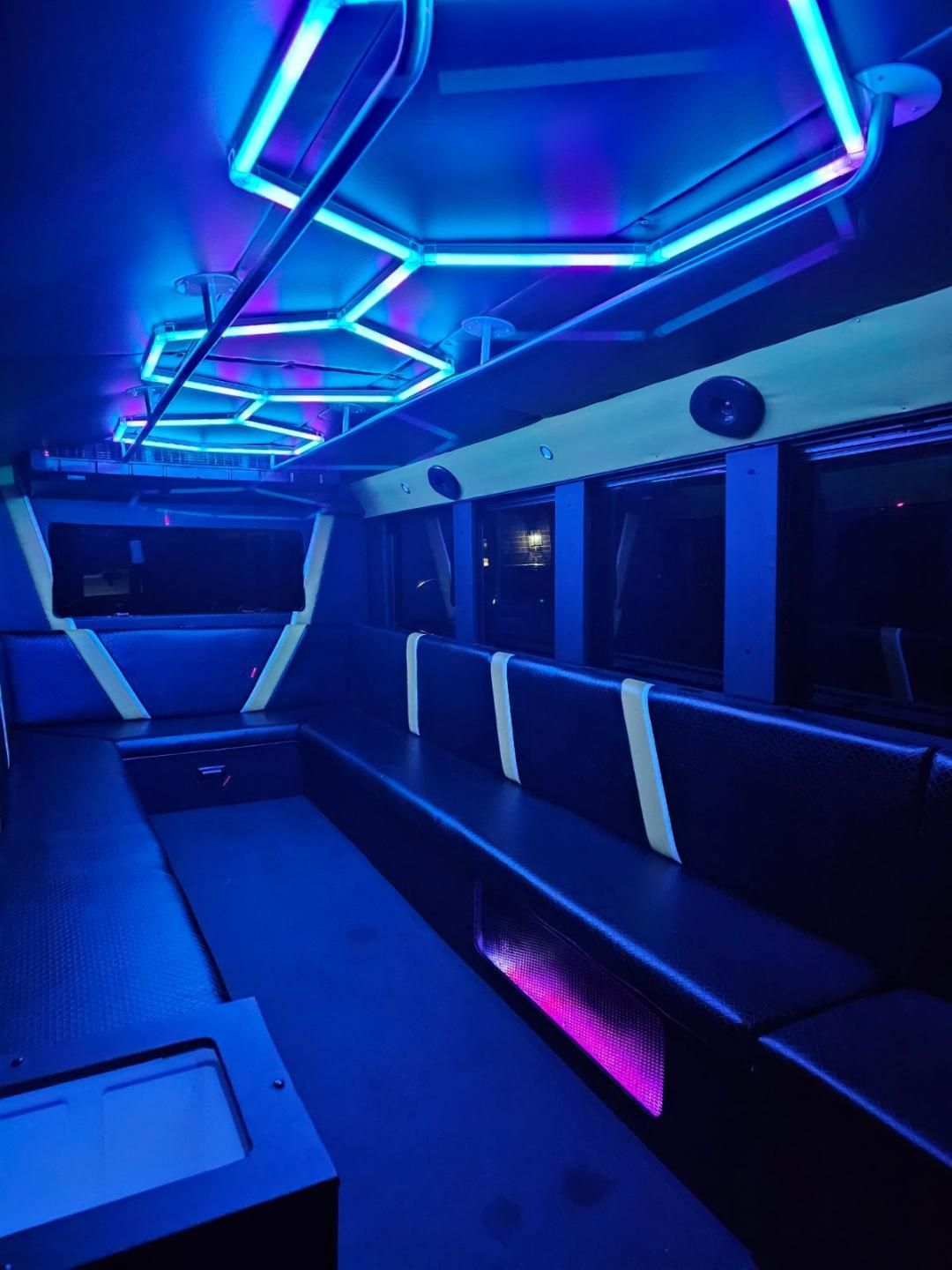 SATX Party Time Party Bus outside view wheelchair accessible inside view 22 passengers blue lights