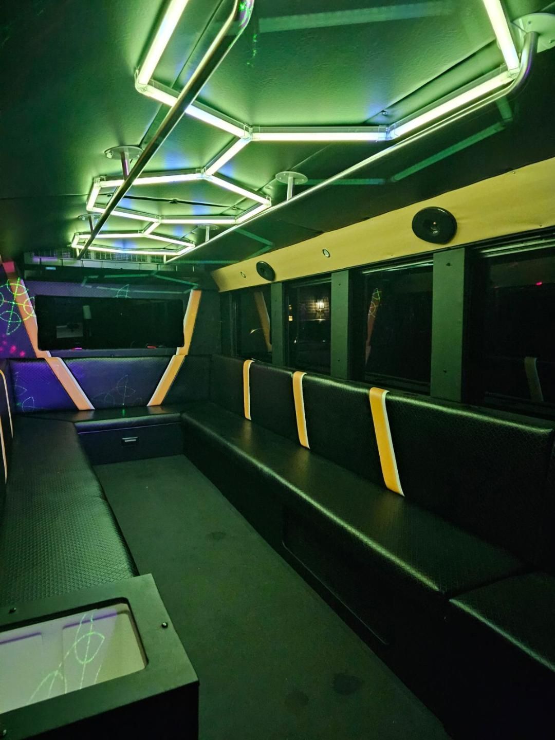 SATX Party Time Party Bus outside view wheelchair accessible inside view 22 passengers