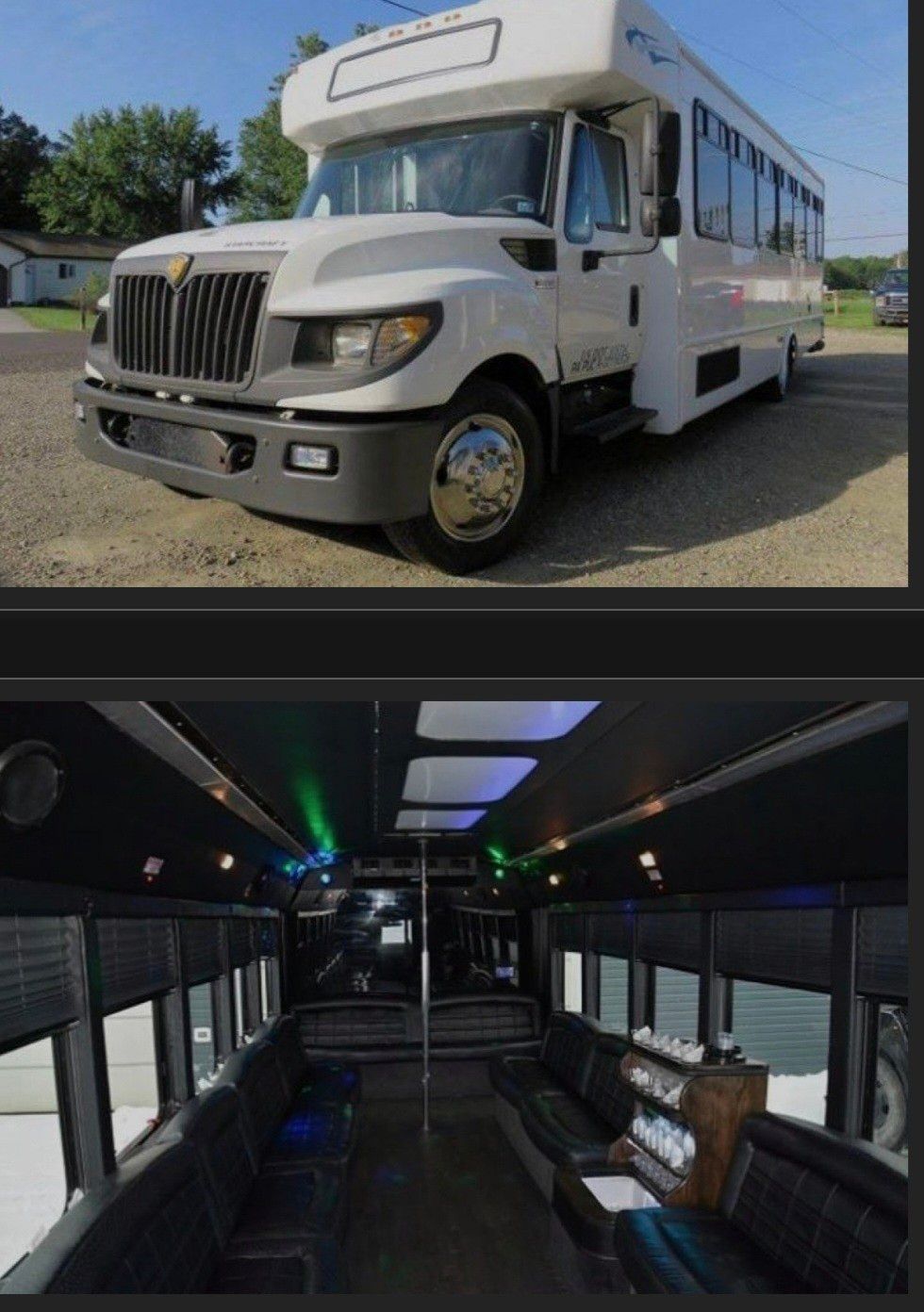 Super White 30 passenger san antonio party bus inside and outside view