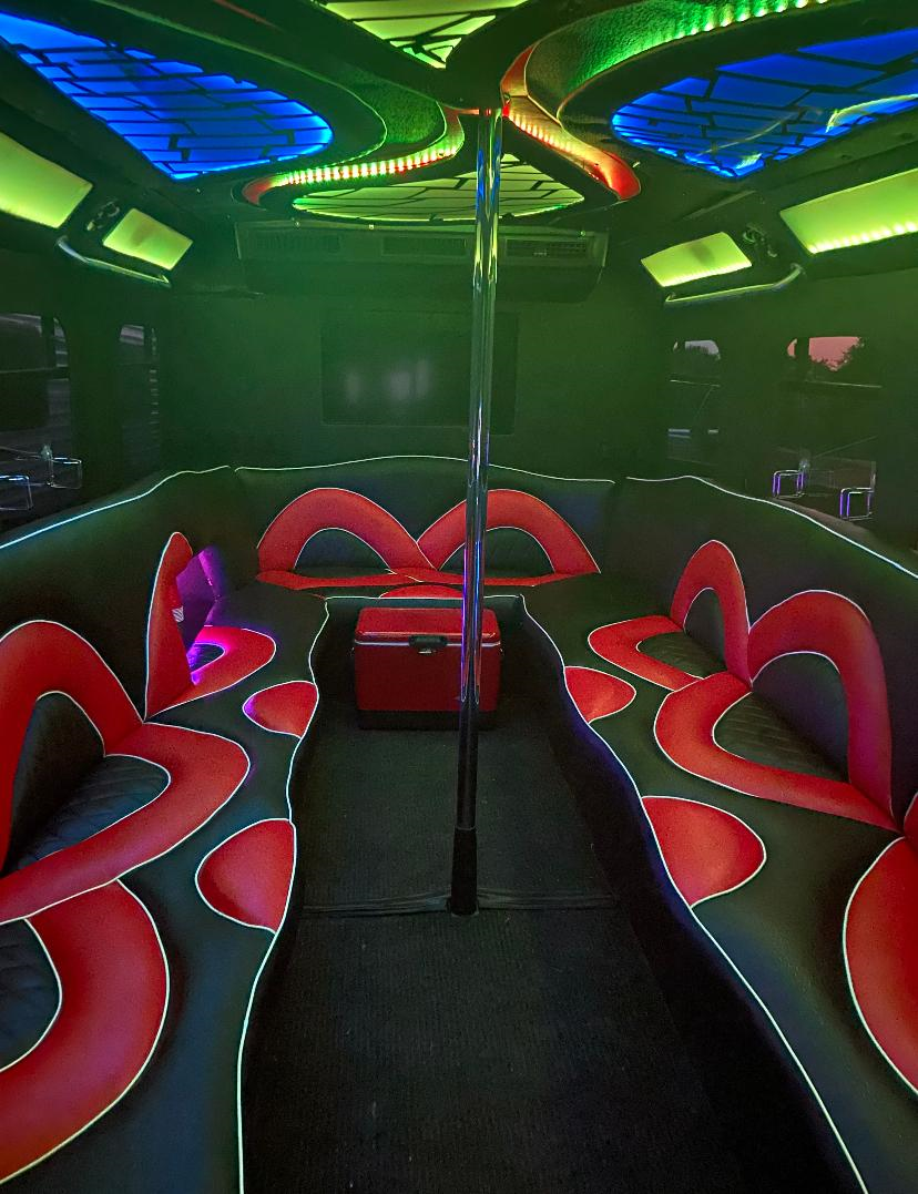 Austin black party bus with inside view night time