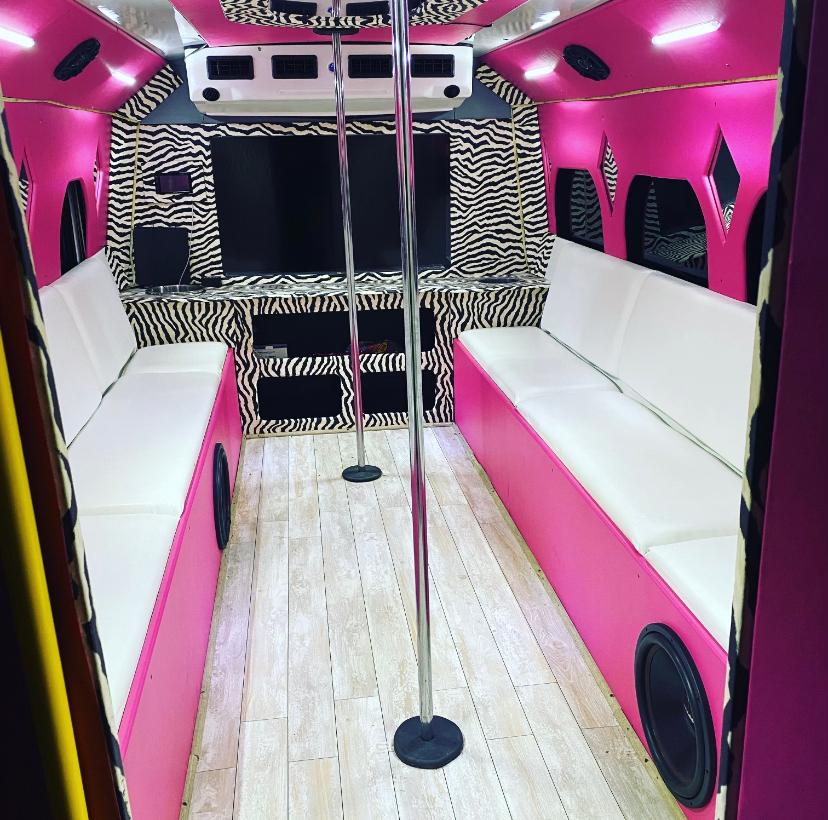 pink Austin party bus inside view