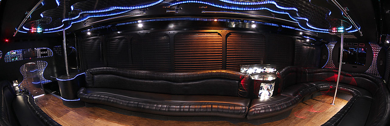 wide angle inside view of our SATX Party Bus rental for 30 pax