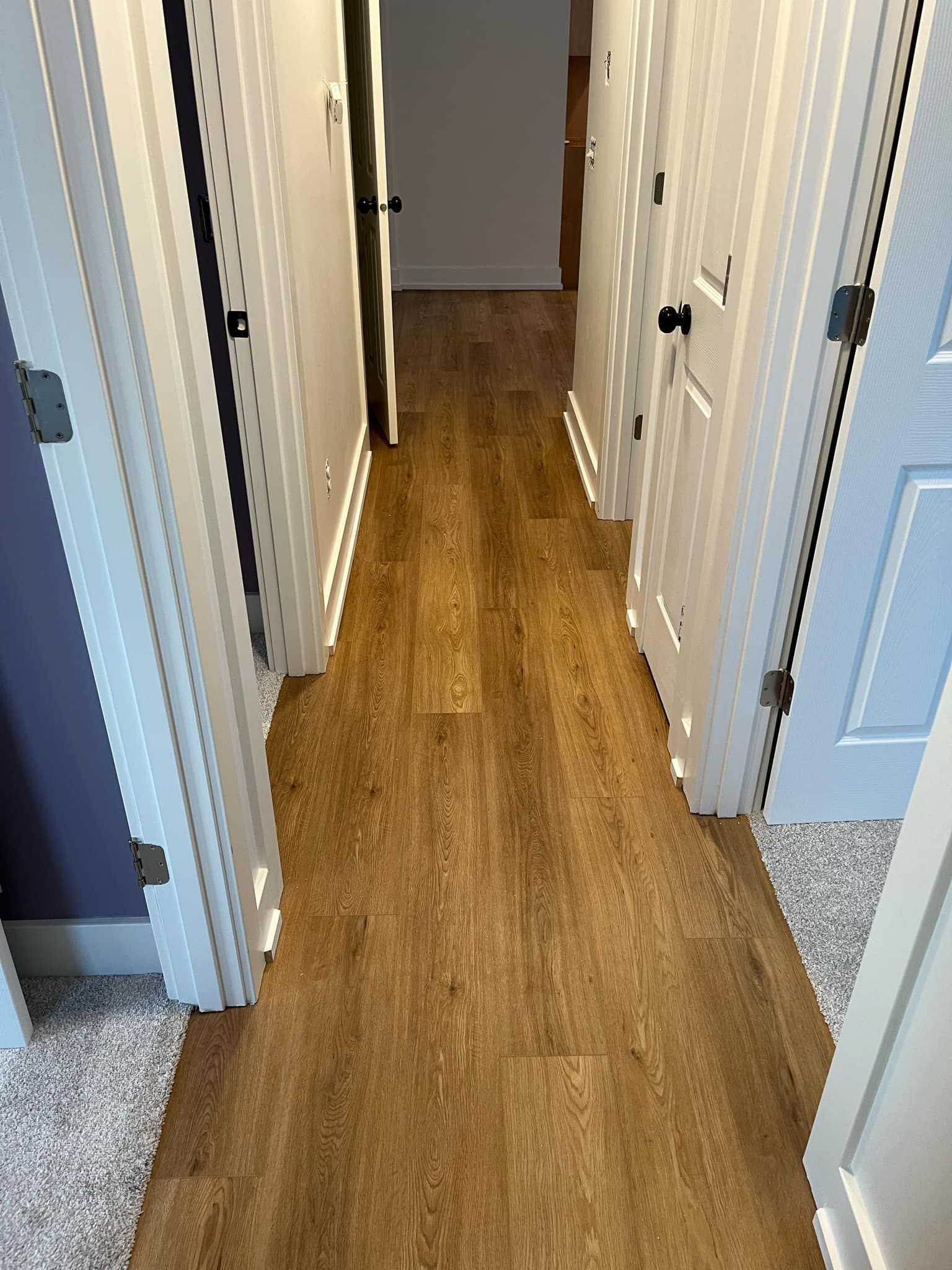 A hallway with hardwood floors and white doors in a house.
