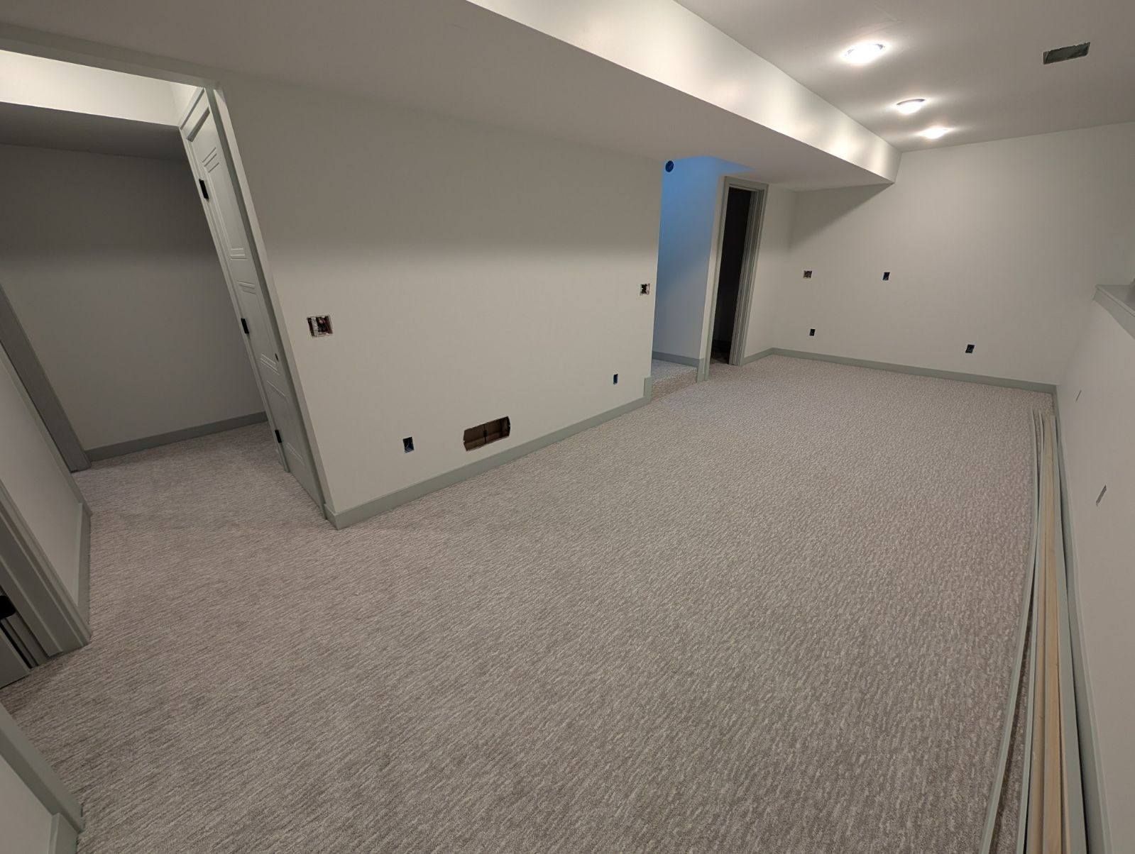 An empty basement with a carpeted floor and white walls.