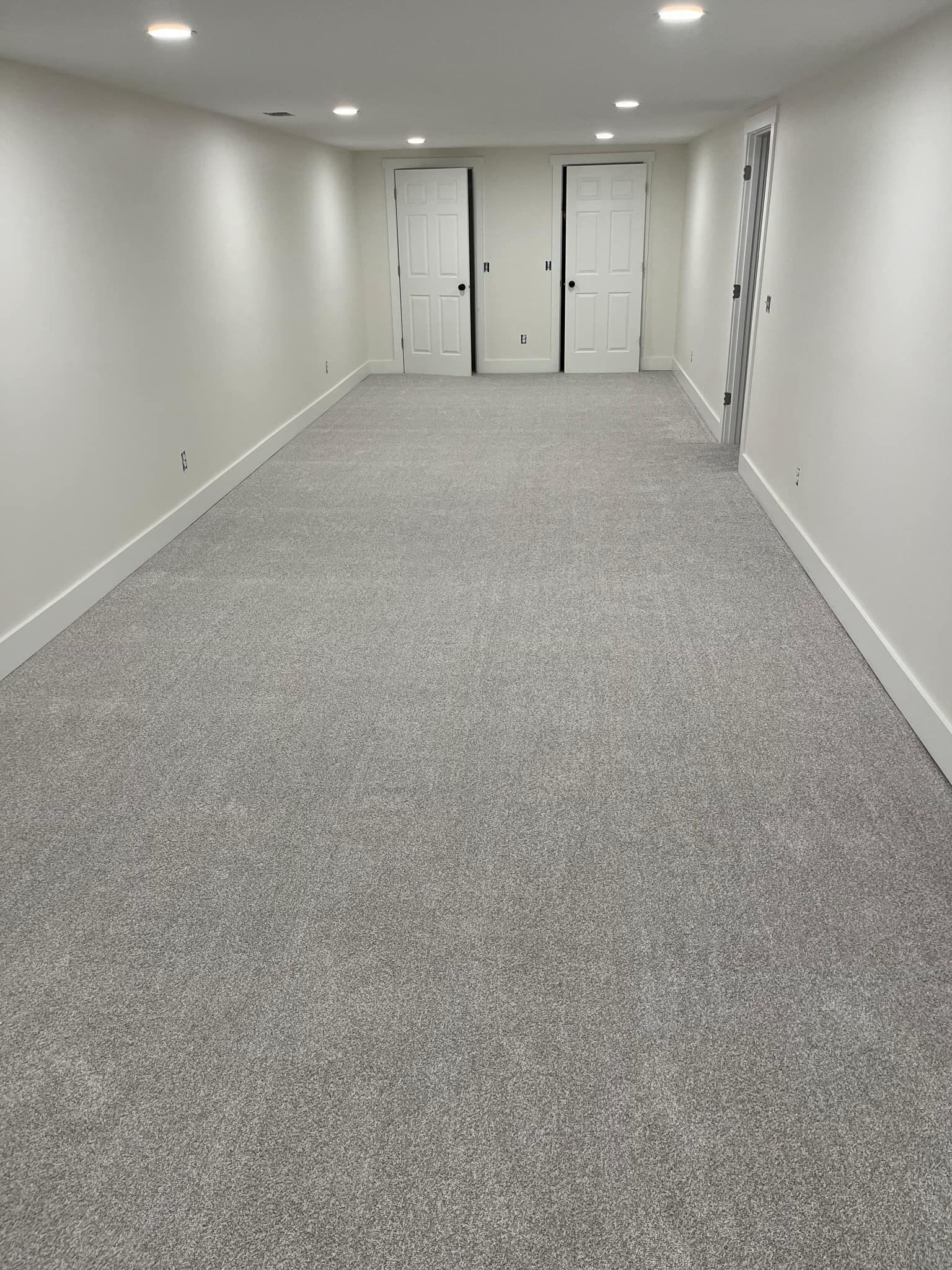 An empty basement with a carpeted floor and white walls.