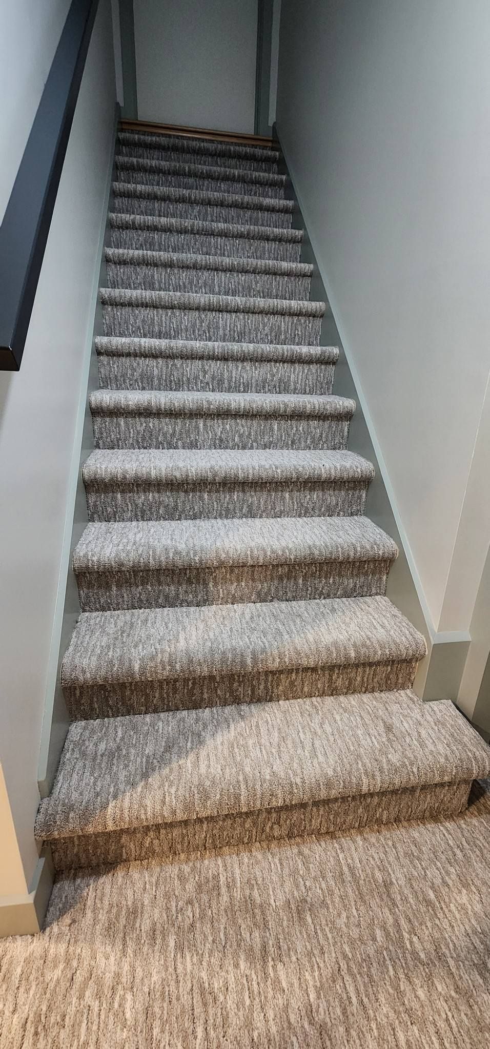 A set of carpeted stairs leading up to a basement.