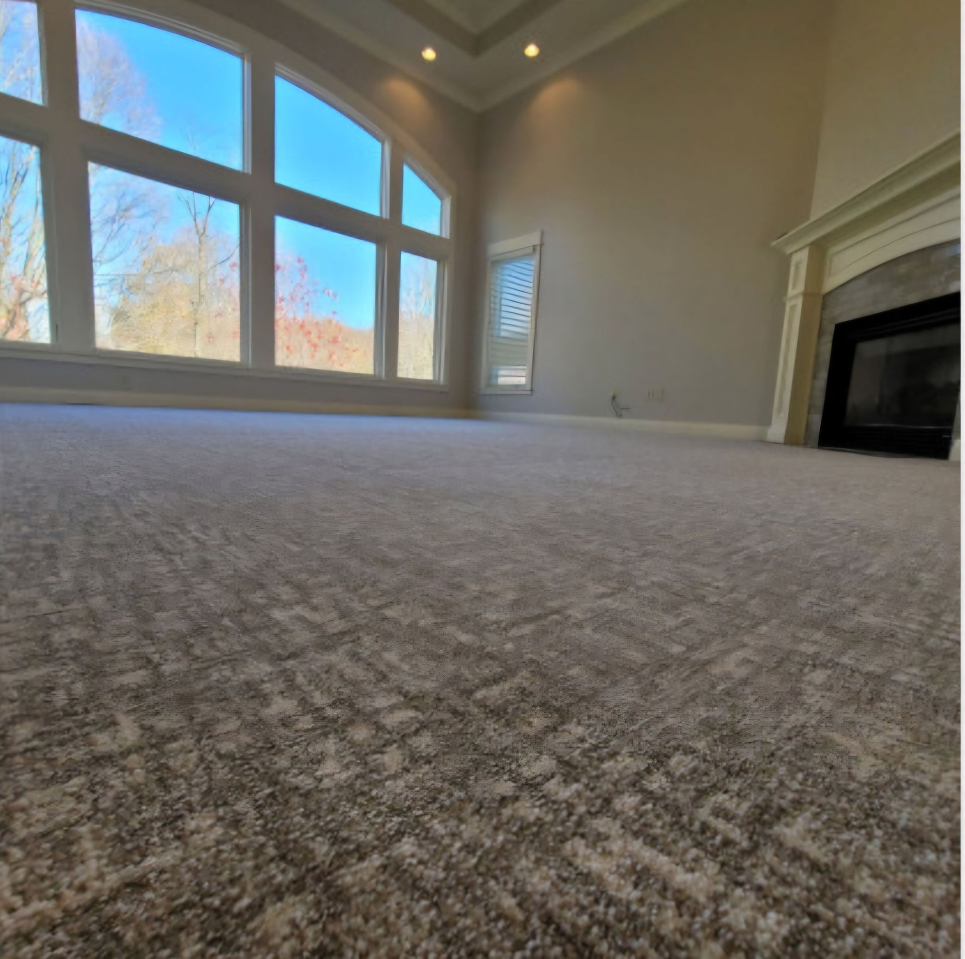 A living room with a fireplace and a lot of windows