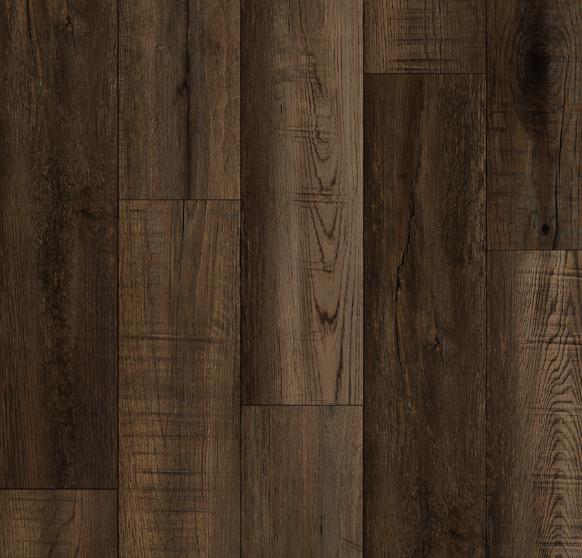 Dark brown wood plank flooring with grain and knots.