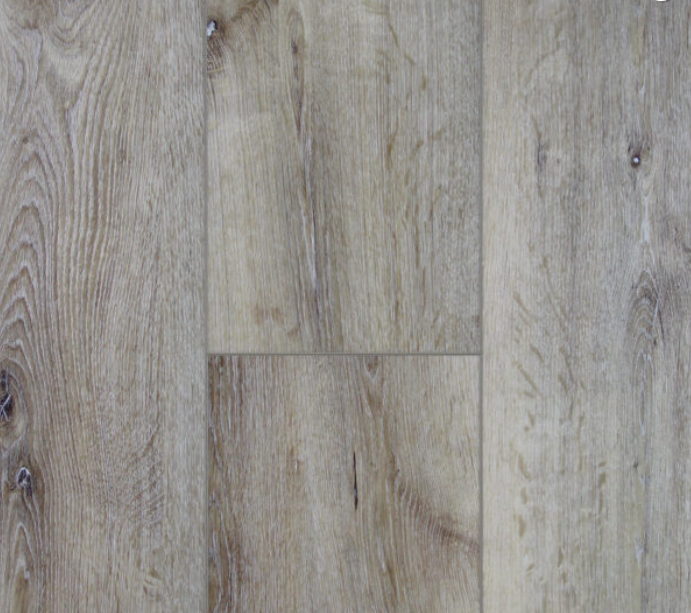 Close-up of weathered gray-brown wood flooring with visible grain patterns.
