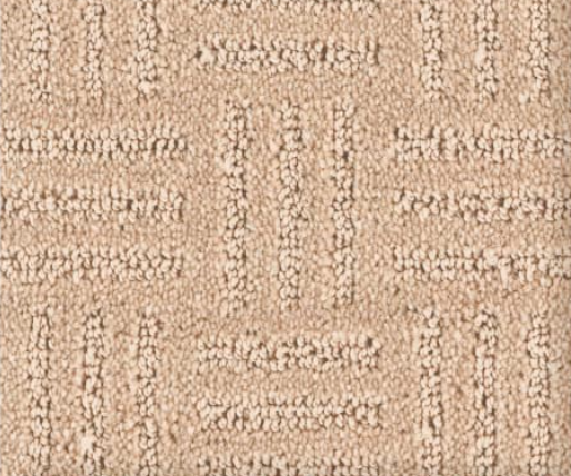 Beige carpet with a patterned geometric design.