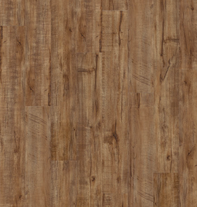 Close-up of brown wood-look flooring with a rustic appearance, featuring visible grain and knots.