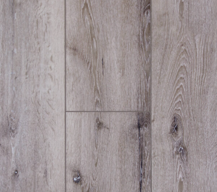 Gray wood-look flooring with prominent grain patterns and knots.